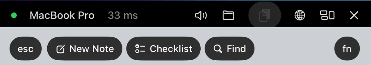 Ubimi's info bar showing MacBook Pro and the latency, above a strip of Notes shortcut keys